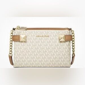 Michael Kors Monogram Cream and Tan Clutch Karla